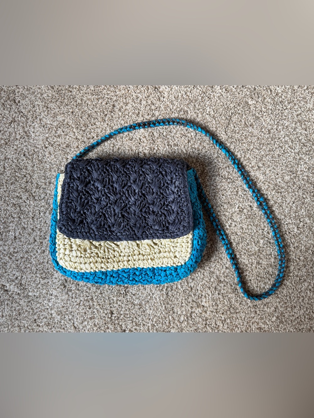 J.Crew blue, cream, and navy blue woven straw crossbody bag blue braided strap